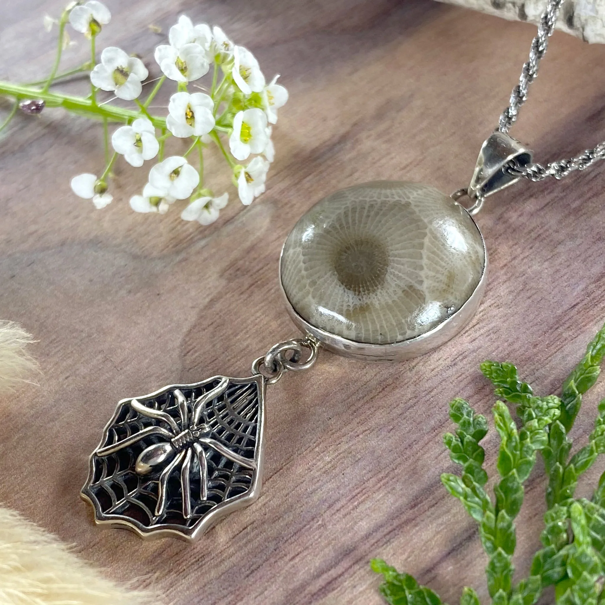 Petoskey Stone with Spider Charm Pendant Necklace