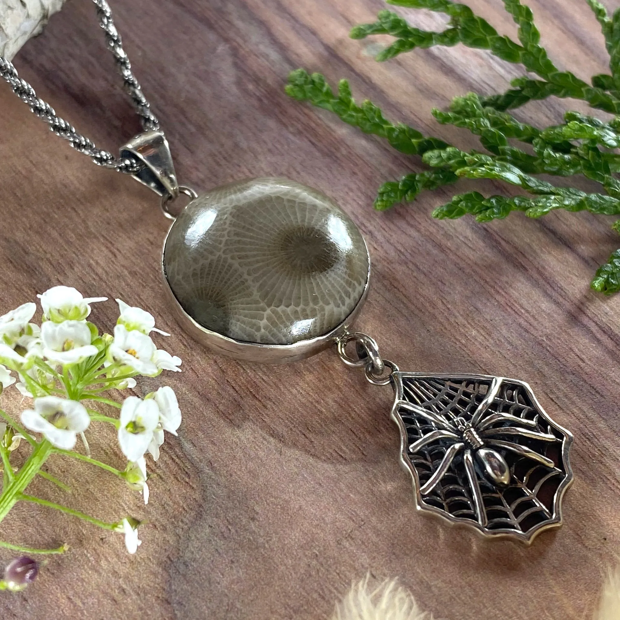 Petoskey Stone with Spider Charm Pendant Necklace