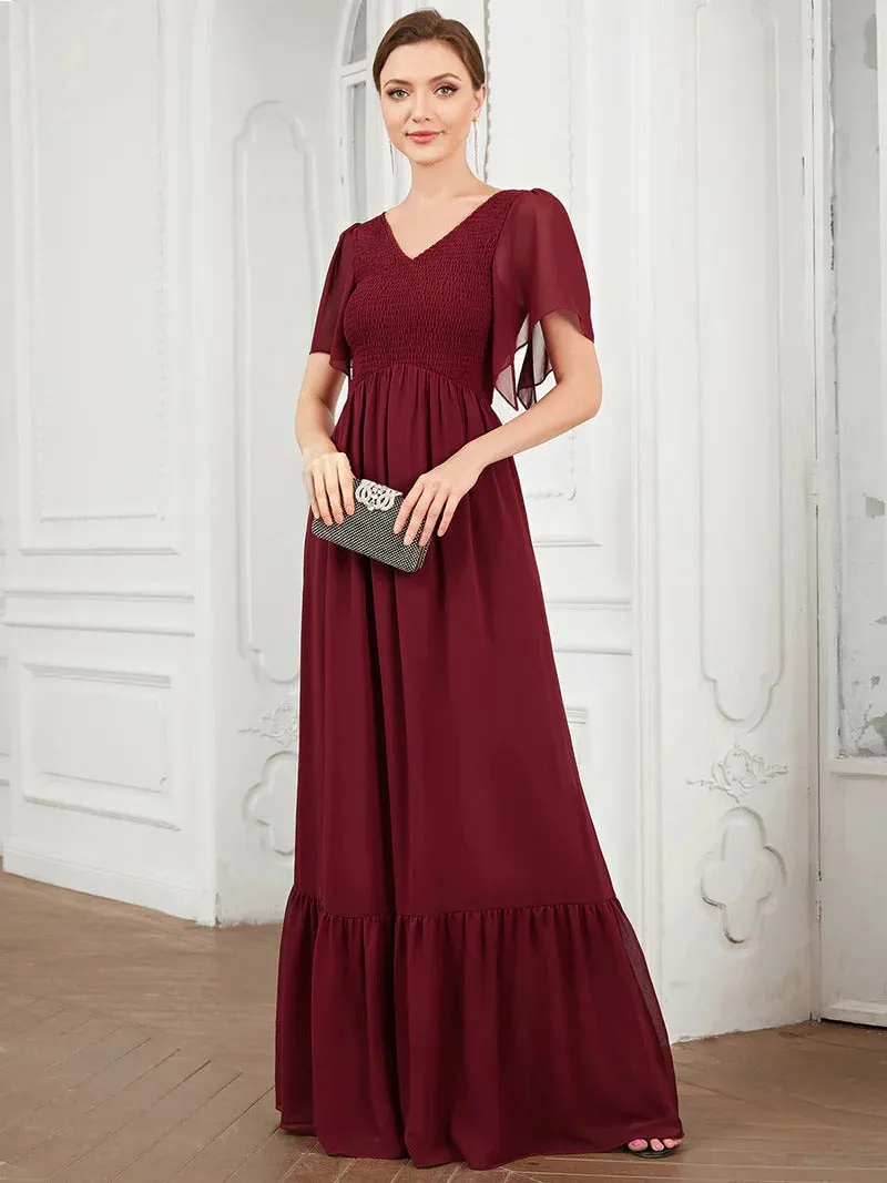 Simple V Neck Short Ruffles Sleeves A Line Evening Dresses