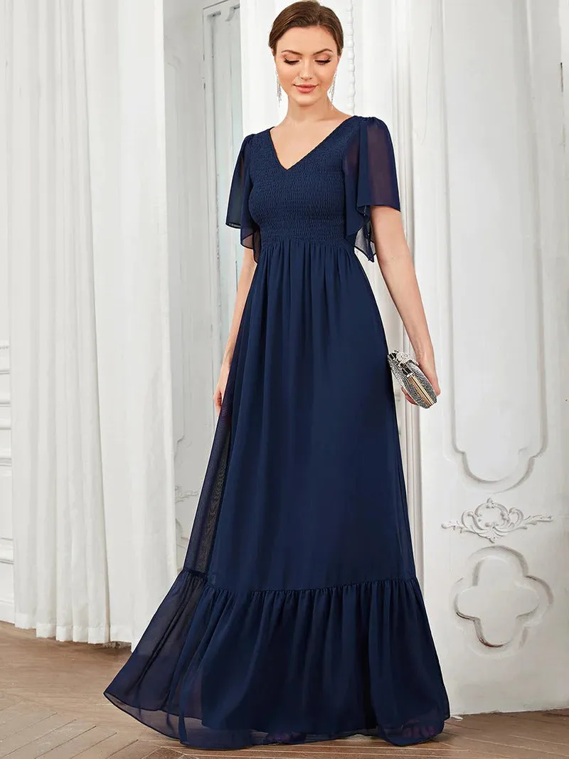 Simple V Neck Short Ruffles Sleeves A Line Evening Dresses