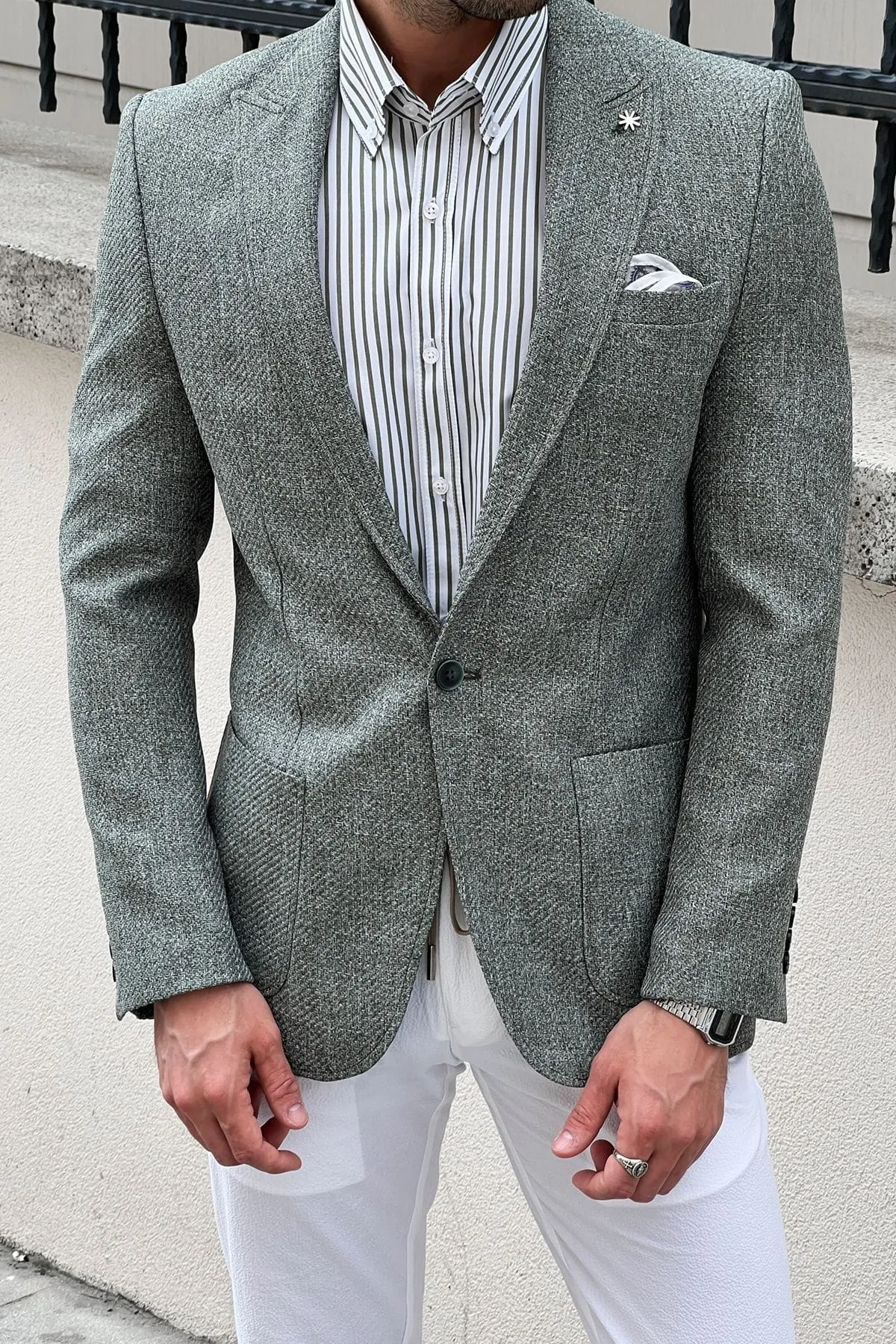 Slim-fit Self-Patterned Light Green Blazer