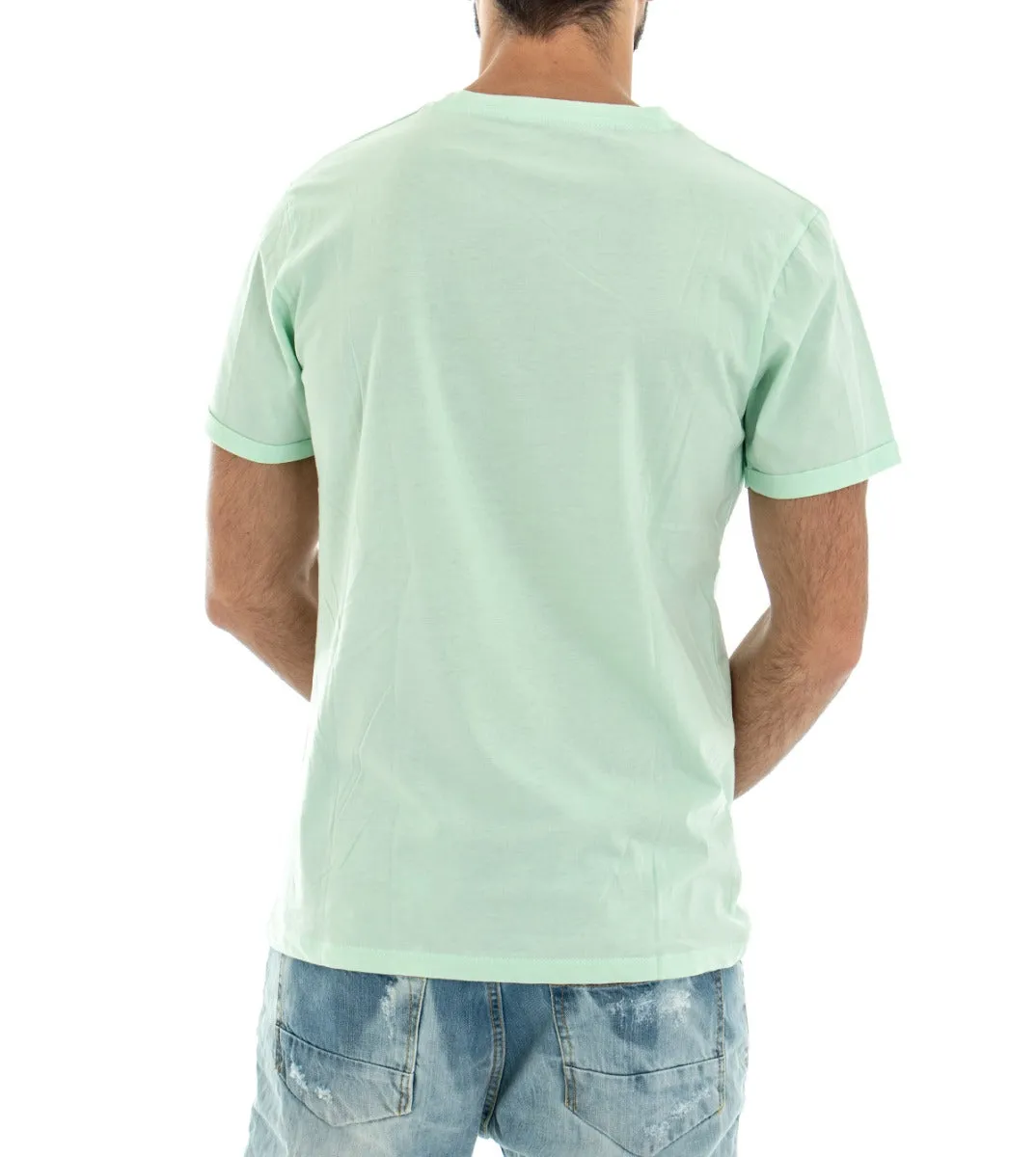 T-Shirt Uomo Girocollo Stampa Scritta Verde Acqua Mezze Maniche Casual GIOSAL