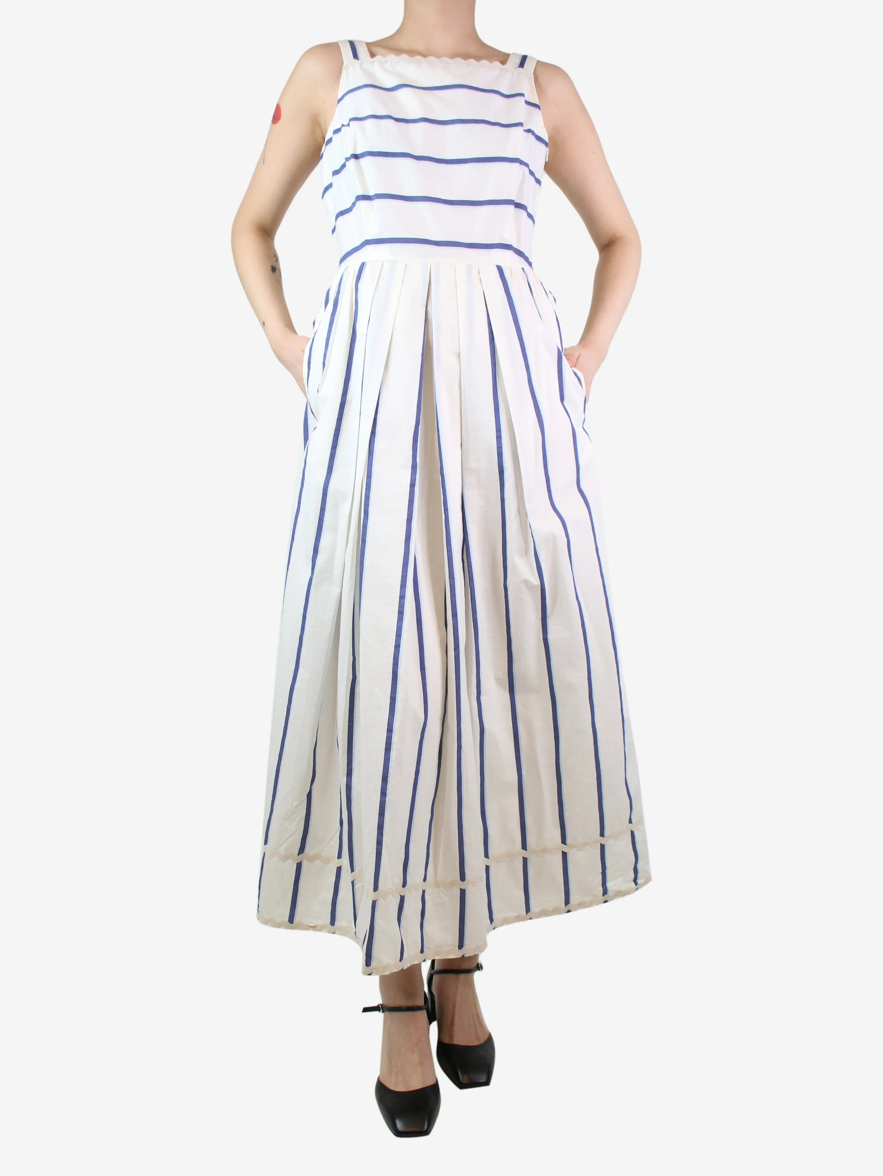 White sleeveless striped midi dress - size UK 12