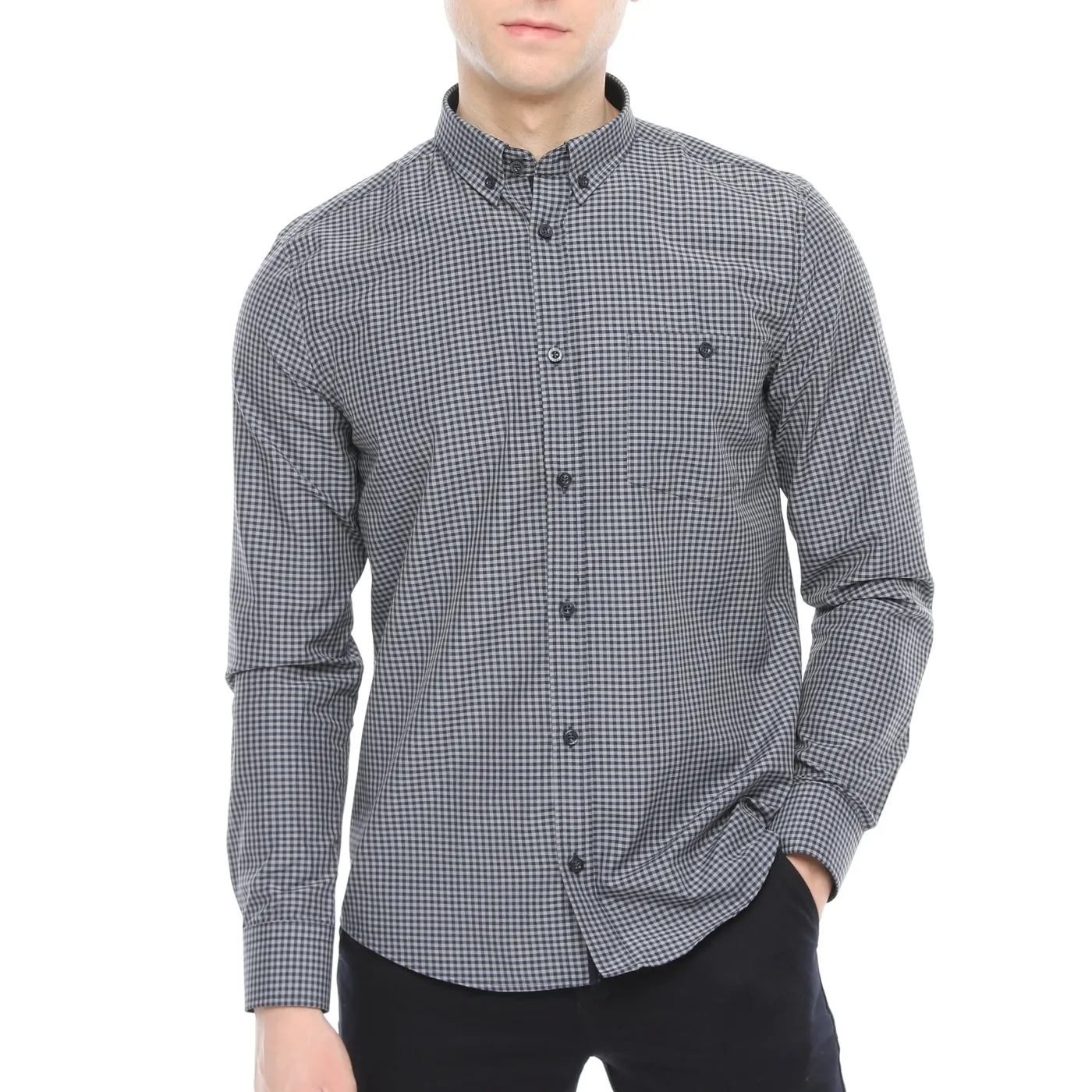 Xact Men's Gingham Check Shirt with Button-Down Collar - Long Sleeved