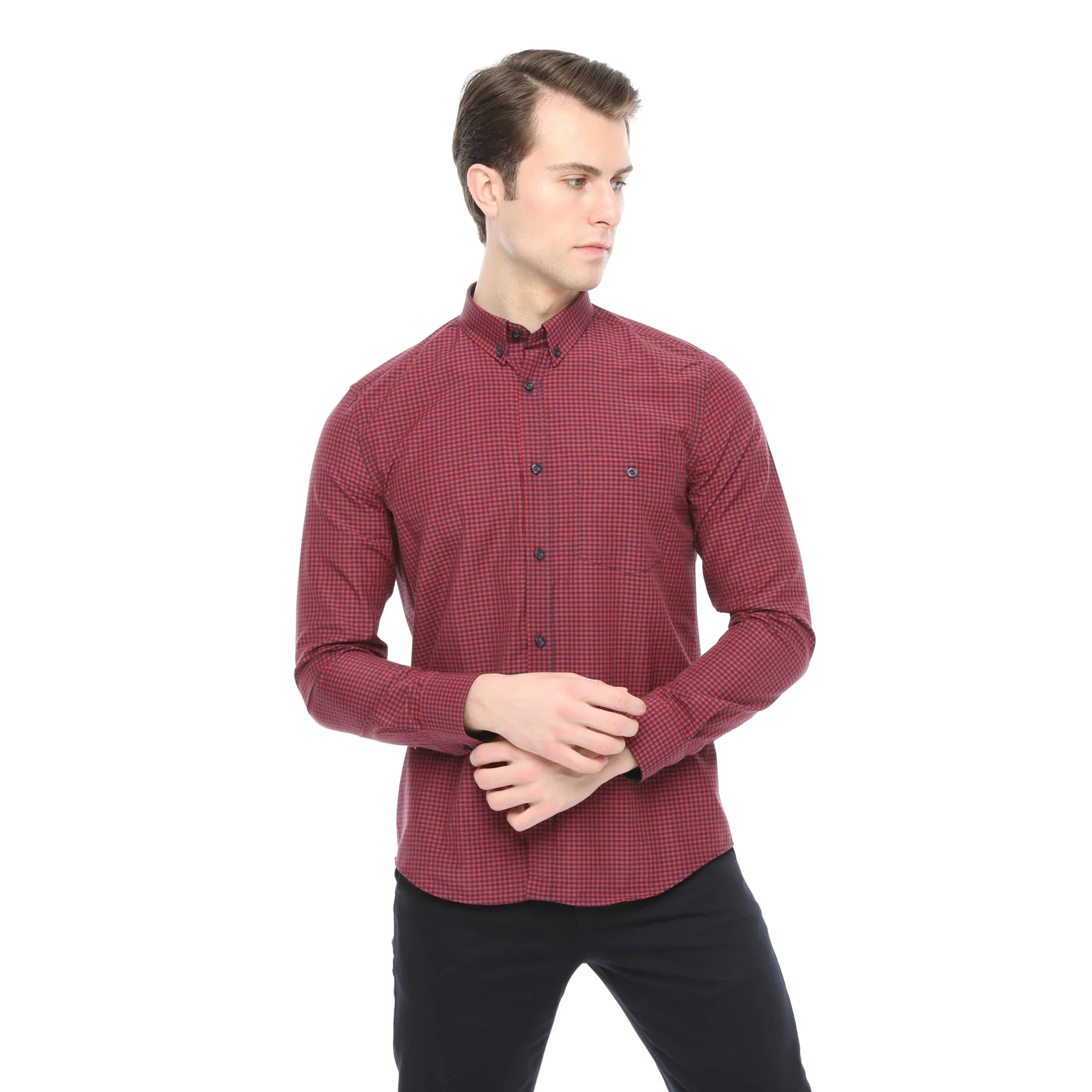 Xact Men's Gingham Check Shirt with Button-Down Collar - Long Sleeved