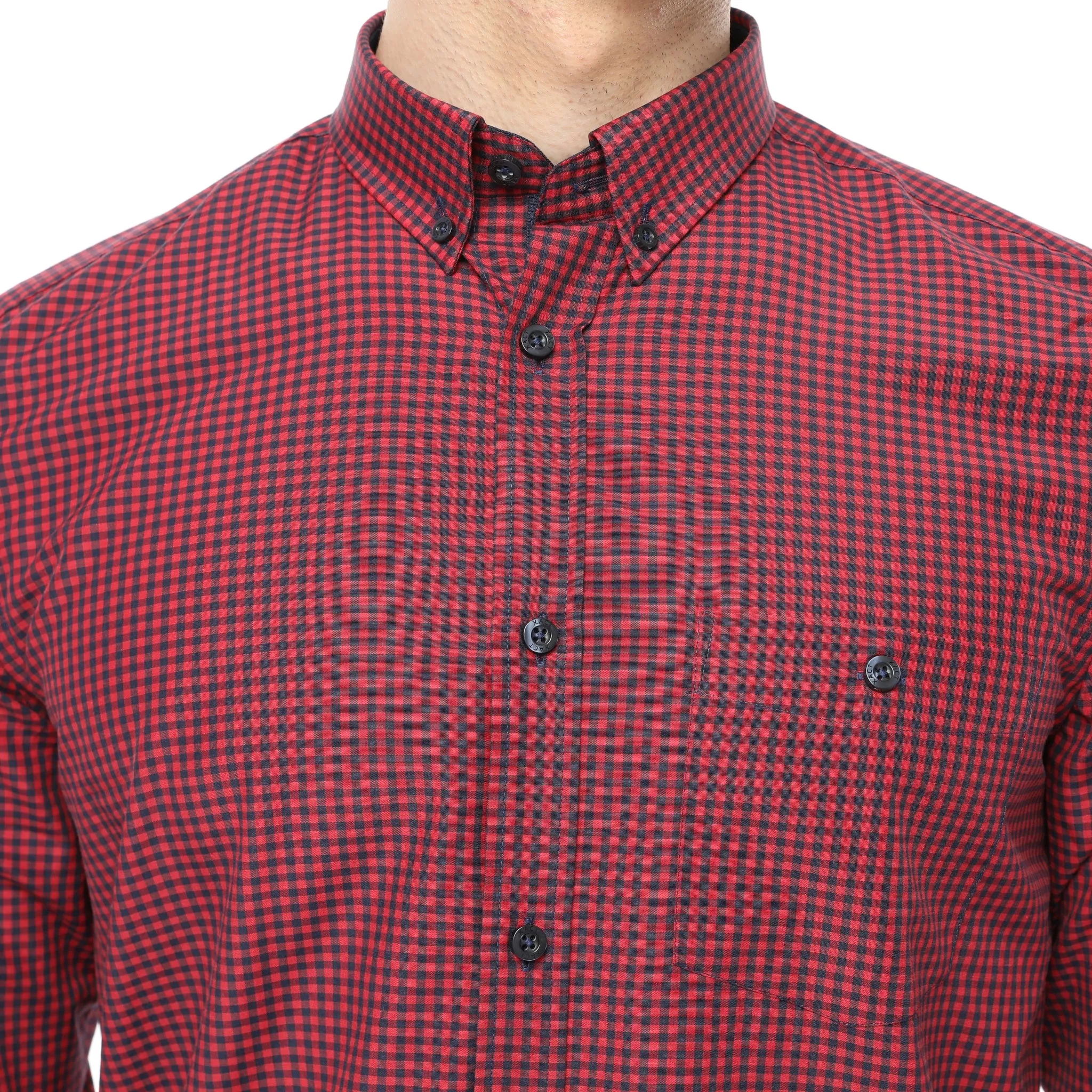 Xact Men's Gingham Check Shirt with Button-Down Collar - Long Sleeved