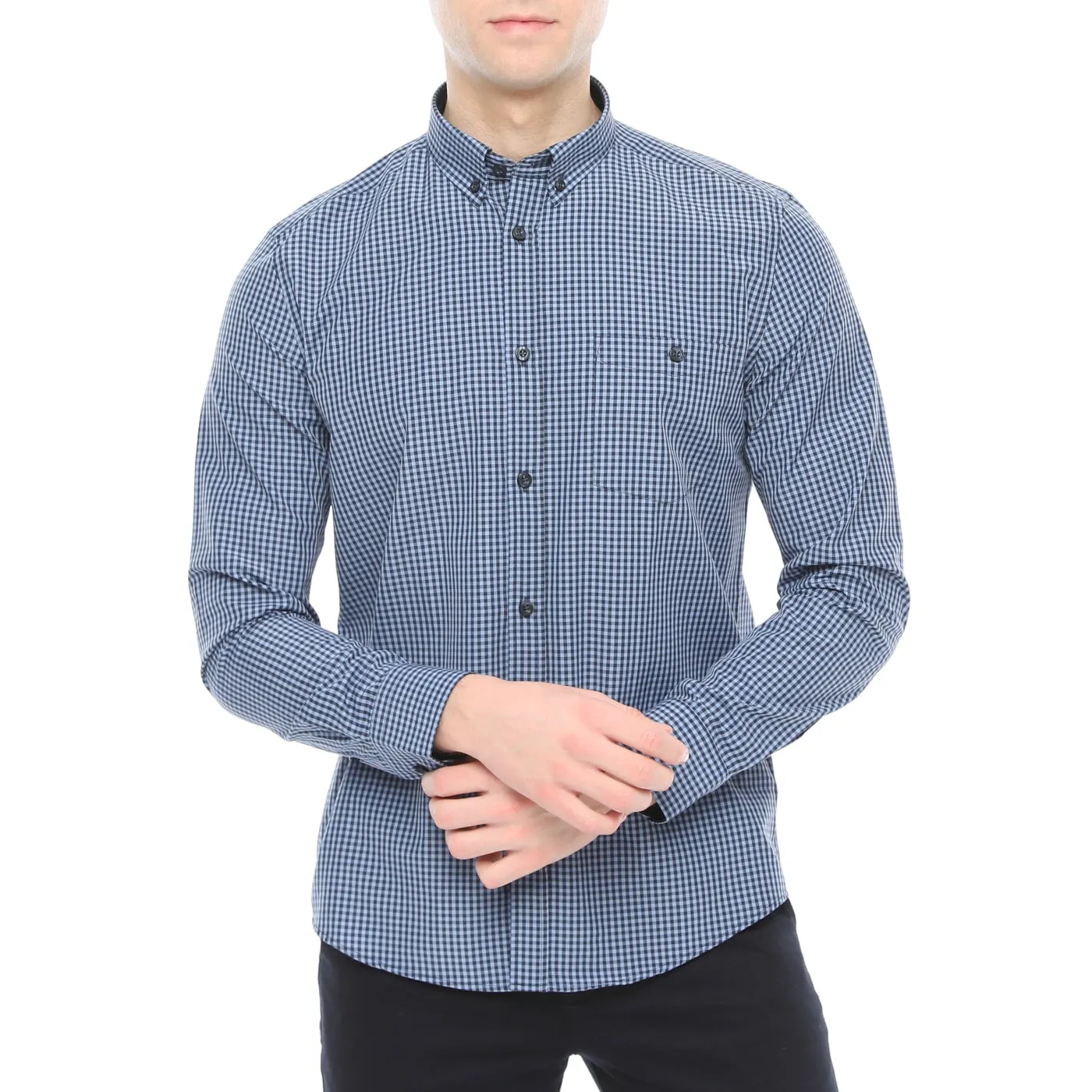 Xact Men's Gingham Check Shirt with Button-Down Collar - Long Sleeved