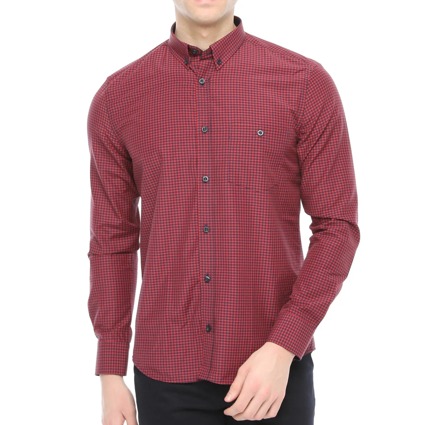 Xact Men's Gingham Check Shirt with Button-Down Collar - Long Sleeved