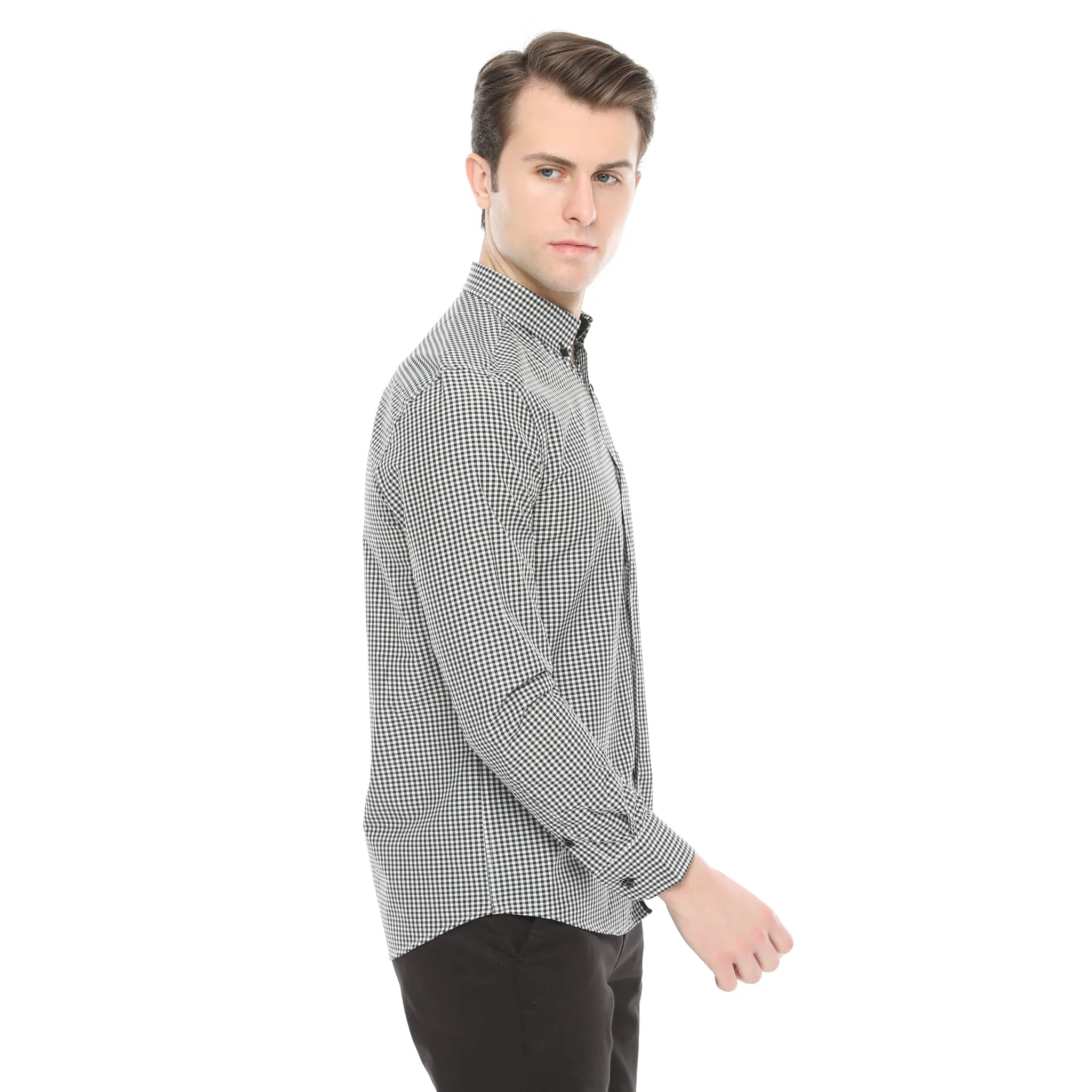 Xact Men's Gingham Check Shirt with Button-Down Collar - Long Sleeved