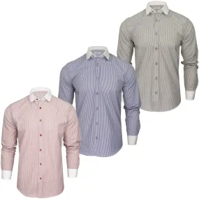 Xact Men's Long-Sleeved Striped Shirt with White Penny/Club Collar and White Cuffs